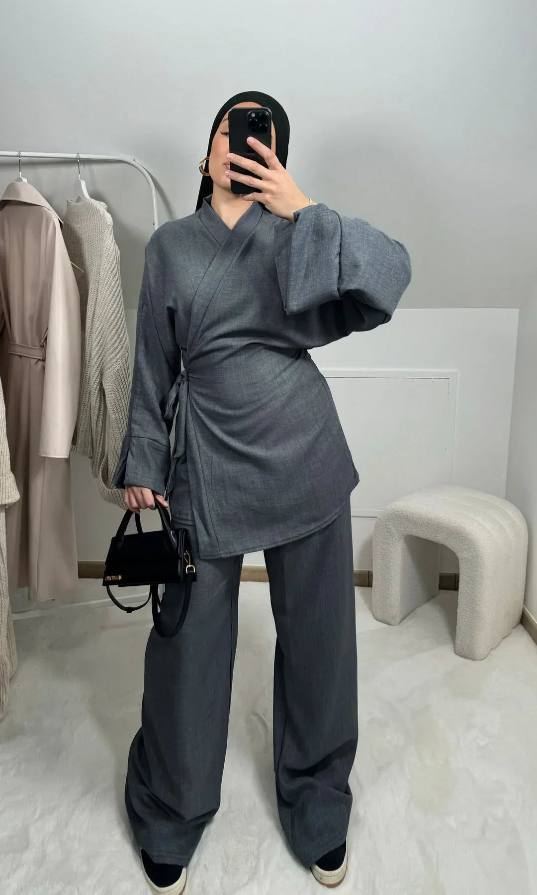 Summer Set Crinkled Fabric Wrap Tie Kimono Top and Wide Leg Pants