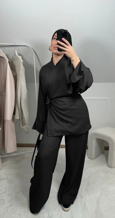 Summer Set Crinkled Fabric Wrap Tie Kimono Top and Wide Leg Pants