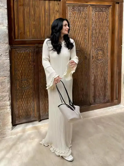 Ruffles Pleated Loose Long White Dress