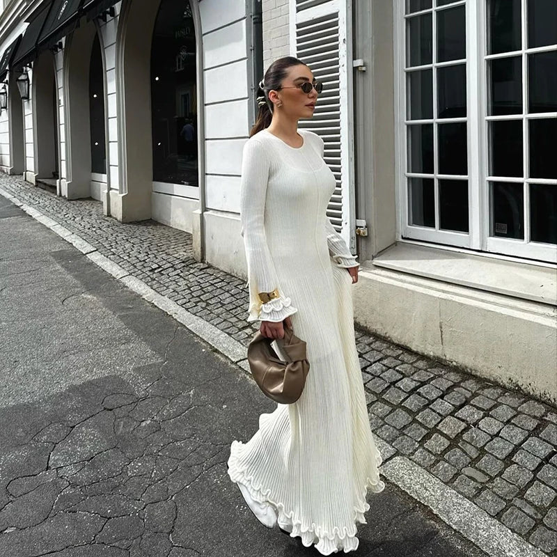 Ruffles Pleated Loose Long White Dress
