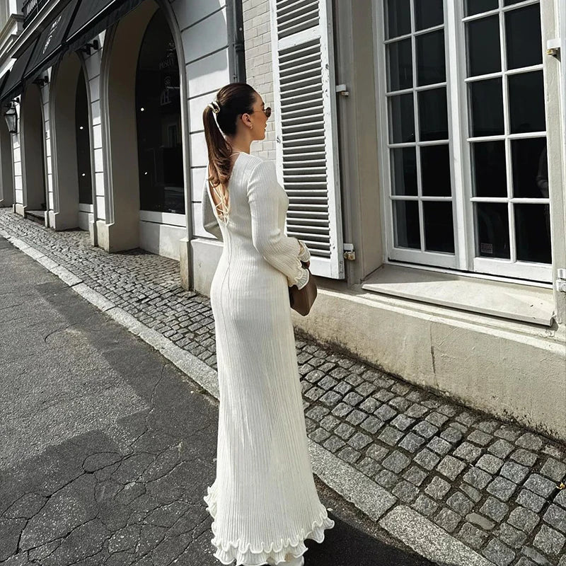 Ruffles Pleated Loose Long White Dress