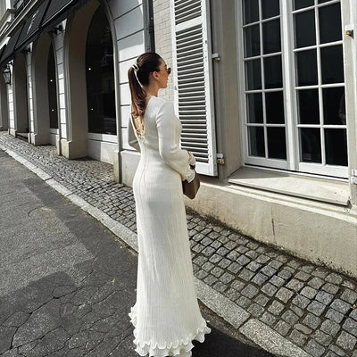 Ruffles Pleated Loose Long White Dress