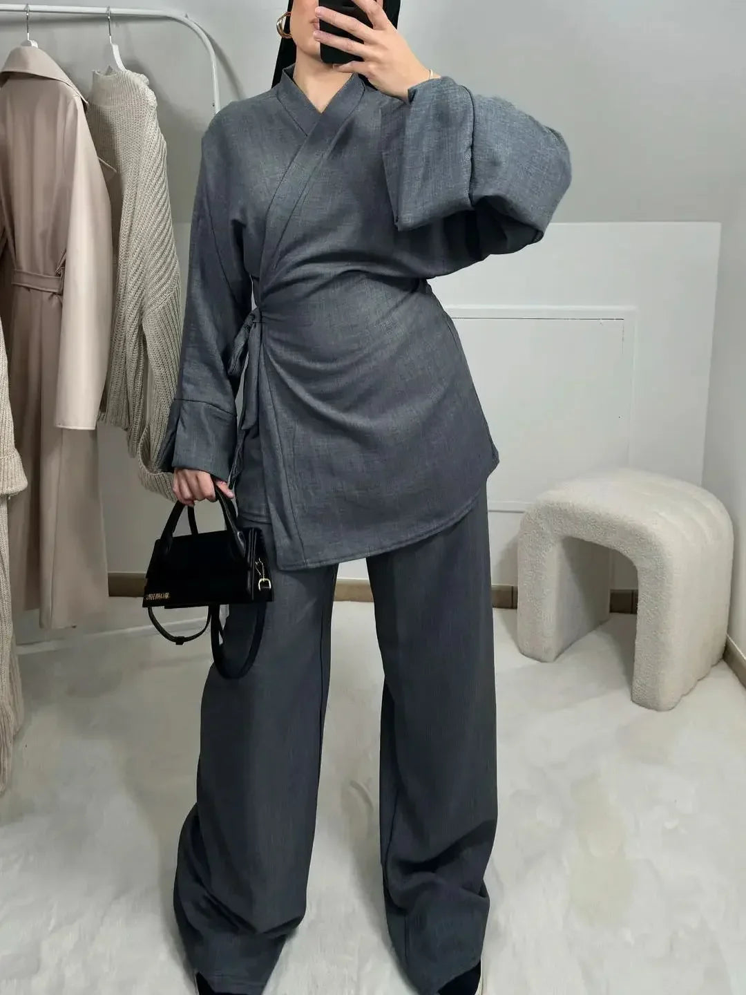 Summer Set Crinkled Fabric Wrap Tie Kimono Top and Wide Leg Pants