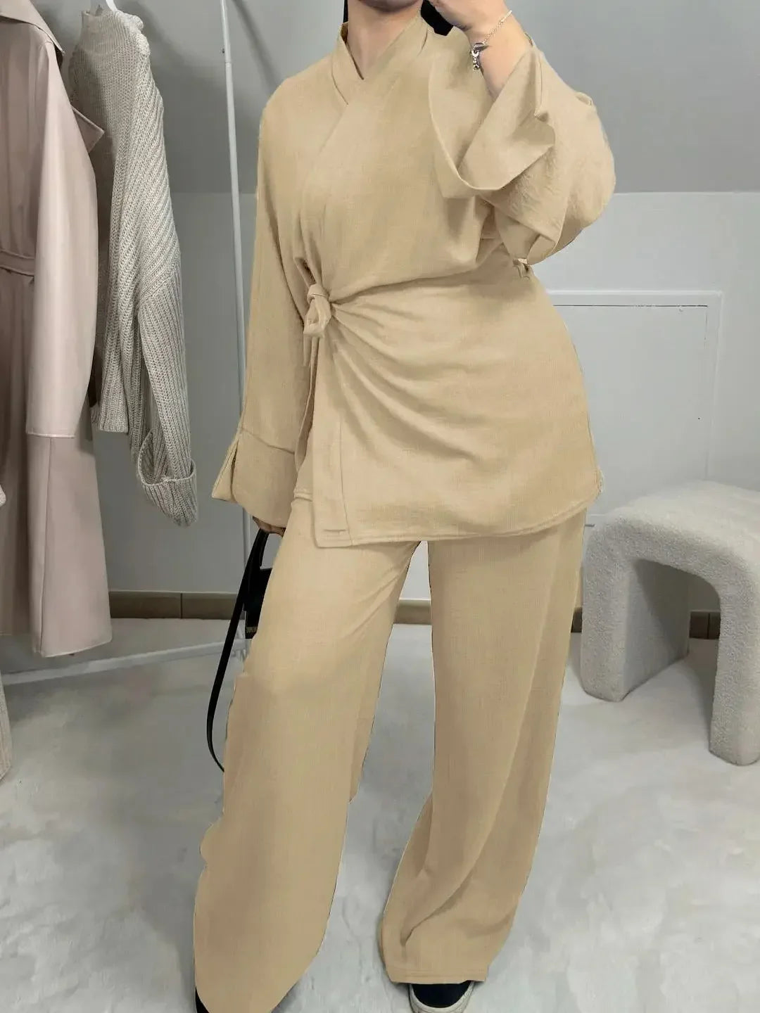 Summer Set Crinkled Fabric Wrap Tie Kimono Top and Wide Leg Pants