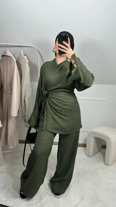 Summer Set Crinkled Fabric Wrap Tie Kimono Top and Wide Leg Pants