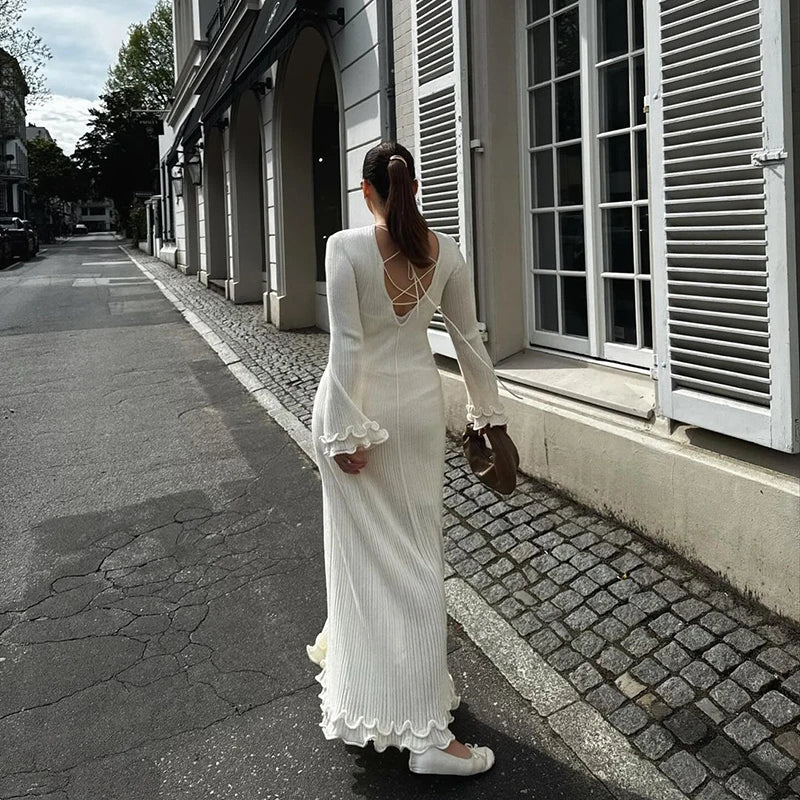 Ruffles Pleated Loose Long White Dress