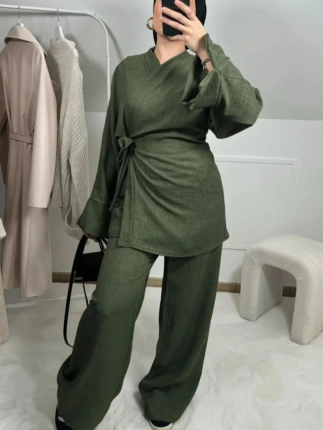 Summer Set Crinkled Fabric Wrap Tie Kimono Top and Wide Leg Pants
